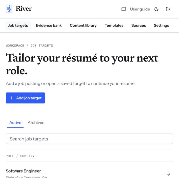 River workspace showing job targets, evidence bank, content library, and templates